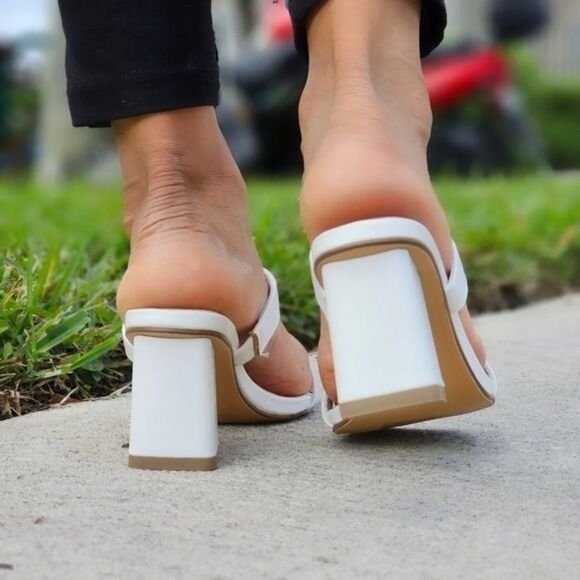 Women's White Square Sole Double Strap Chunky Heel Sandals - Picture 3 of 5